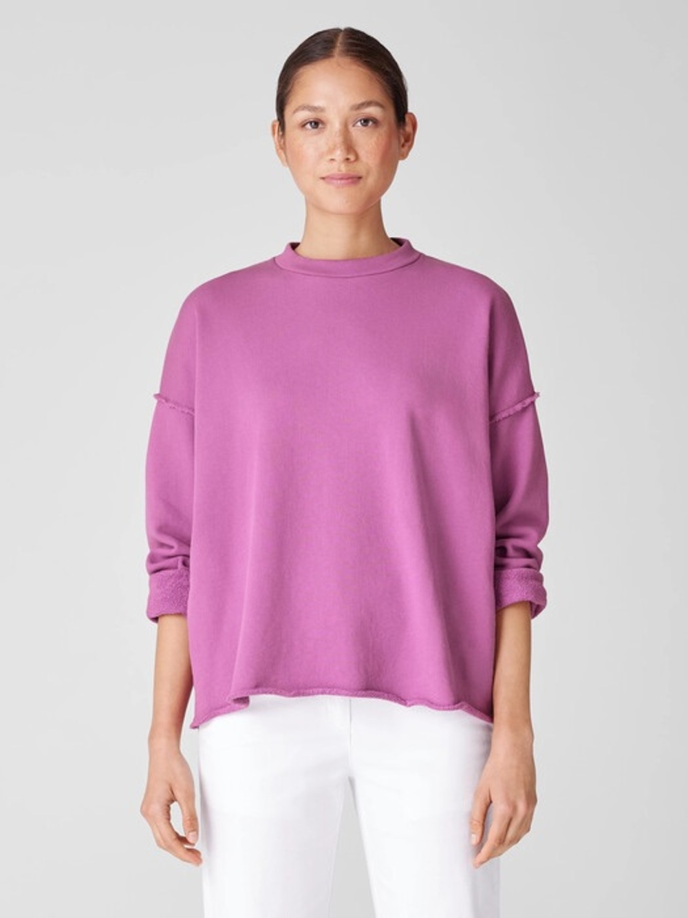 Eileen Fisher Organic Cotton French Terry Box Top Medium Purple Magenta Raw Hem